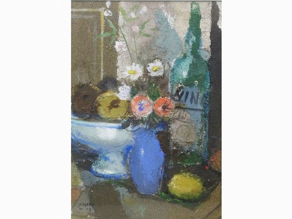 Ermanno Toschi : Still life with Bottle and Flowers in a Vase  ((1906-1999))  - Auction Déballage: Interiors and Curiosities - I - Maison Bibelot - Casa d'Aste Firenze - Milano