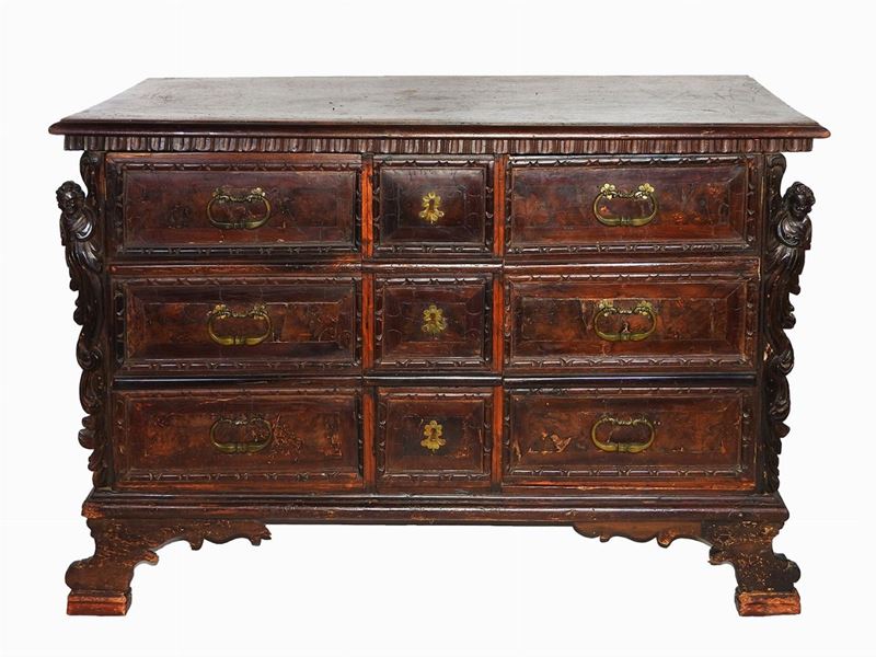 Cassettone a Credenza in Noce e Impiallacciata in Radica
