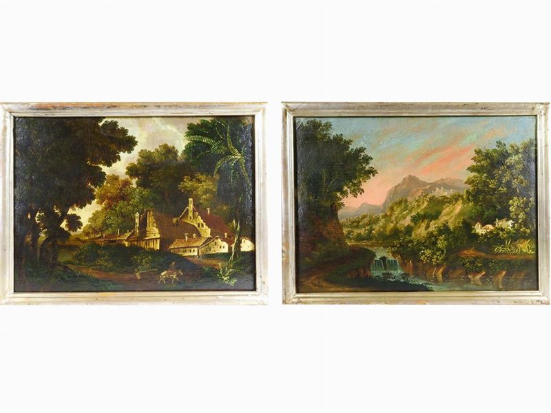 Paesaggio Fluviale e Paesaggio con Veduta Scorcio di Villaggio e Personaggi