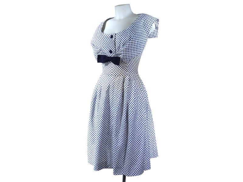 Abito in Cotone Bianco a Fantasia Pied De Poule Blu