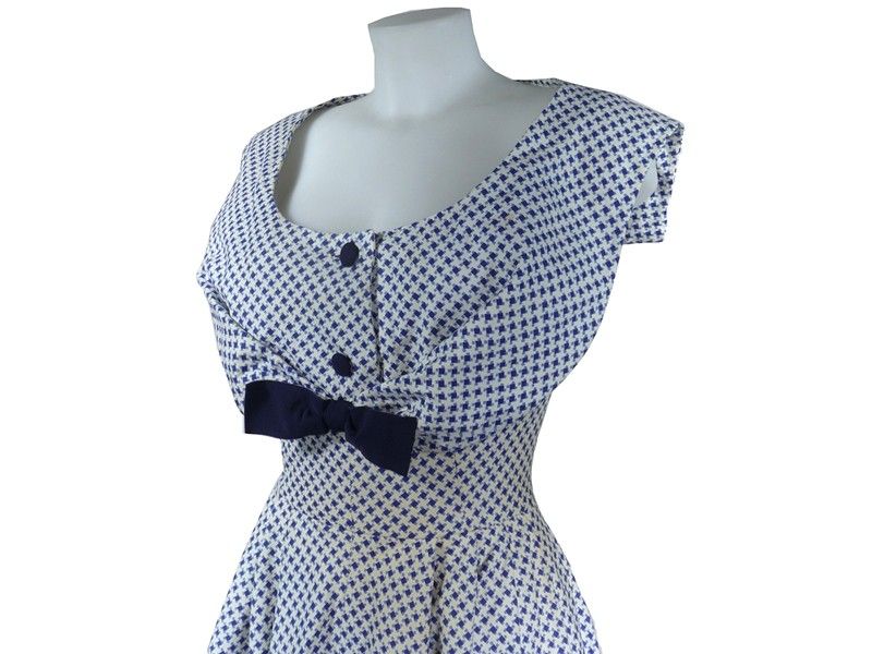Abito in Cotone Bianco a Fantasia Pied De Poule Blu