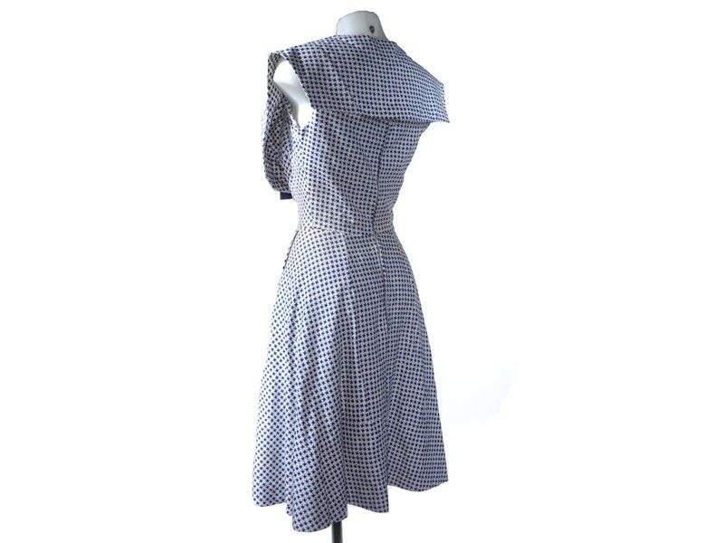 Abito in Cotone Bianco a Fantasia Pied De Poule Blu