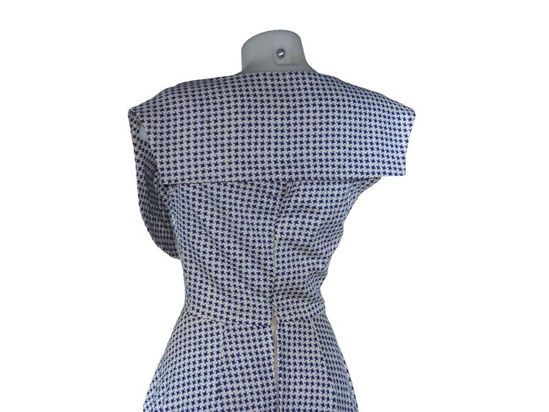 Abito in Cotone Bianco a Fantasia Pied De Poule Blu