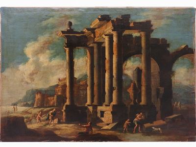 Capriccio Architettonico con Rovine e Personaggi Olio su Tela