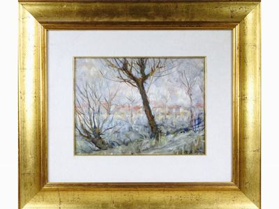 Ruggero Sargentini (1905-1955) Tramonto Invernale e Paesaggio Due Dipinti Ad Olio su Tavoletta