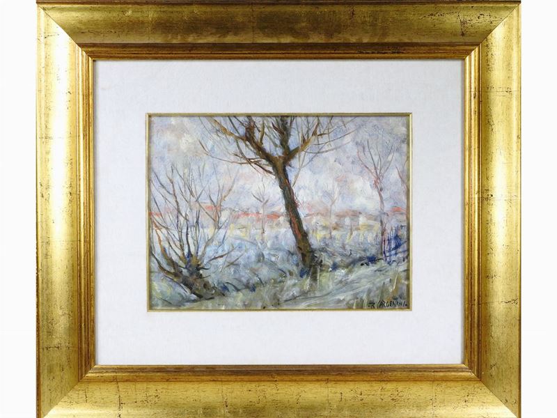 Ruggero Sargentini (1905-1955) Tramonto Invernale e Paesaggio Due Dipinti Ad Olio su Tavoletta