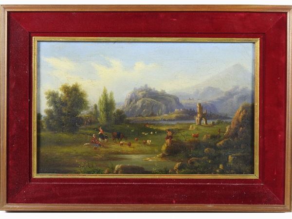 Scuola dell'Italia centrale del XIX secolo - Paesaggio campestre con veduta di paese arroccato, personaggi e armenti