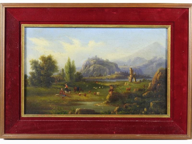 Scuola Dell'italia Centrale del XIX Secolo - Paesaggio Campestre con Veduta di Paese Arroccato, P...