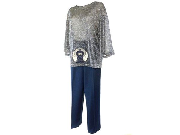 Lurex sweater and a blue wool trouser