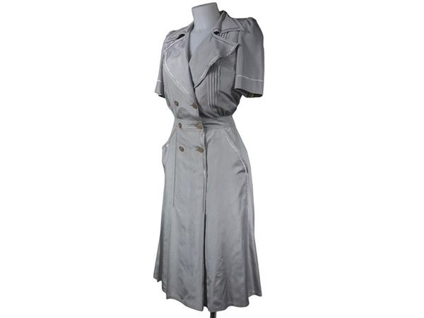 Grey silk dress and cotton gilet