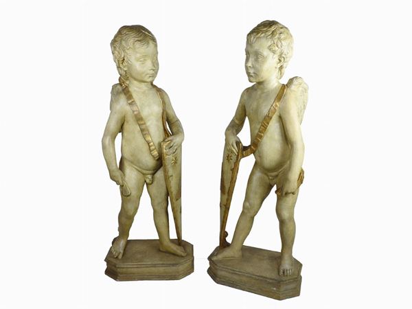 Pair of Patinated Plaster Sculptures of Angels