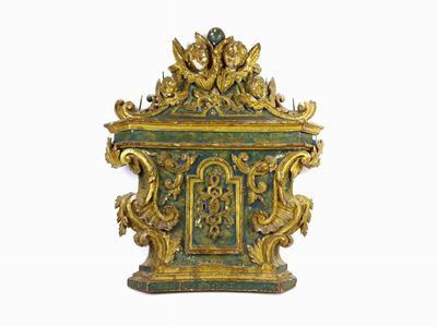 Frammento di Tabernacolo in Legno Intagliato, Dorato e Laccato nei Toni del Verde