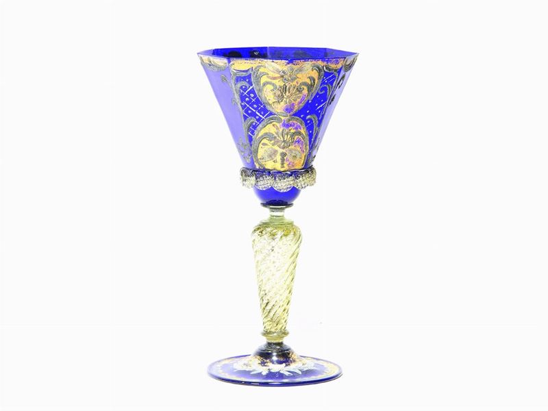 Antico Calice in Vetro Soffiato Blu