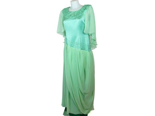 Green satin and voile wedding dress