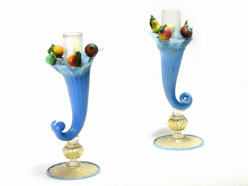 Coppia di Candelieri in Vetro Soffiato
