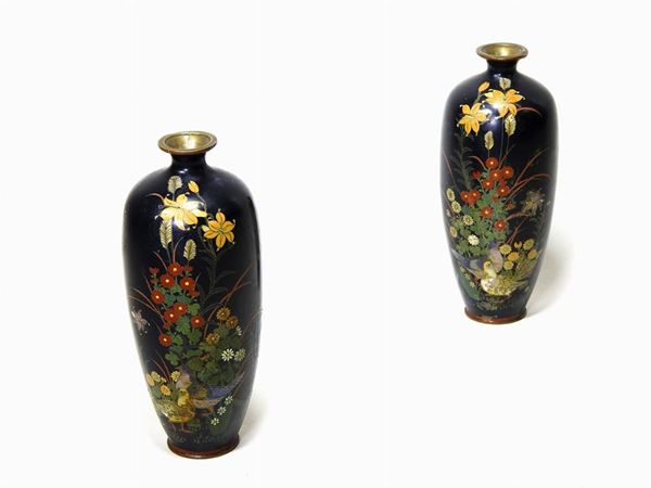 Pair of Copper and Cloisonné Small Vases