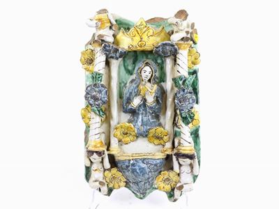 Acquasantiera Pensile in Maiolica Policroma