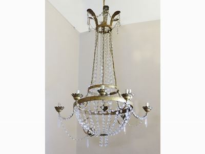 Coppia di Lampadari a Paniere in Metallo Dorato