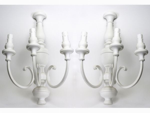 A Pair of White Lacquered Metal and Wooden Wall Lamps