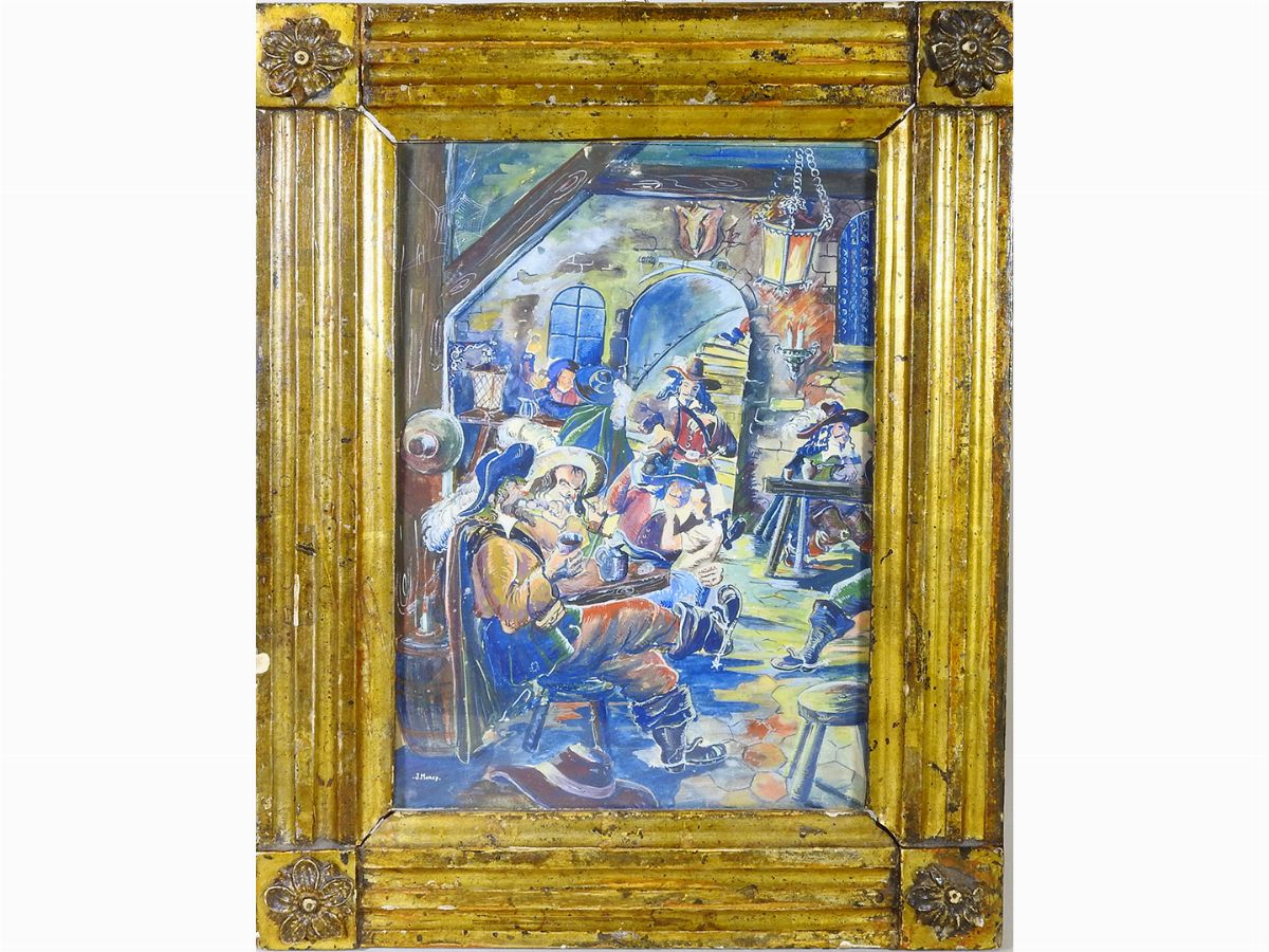 Scorcio di Città con Frate e Interno di Taverna con Personaggi