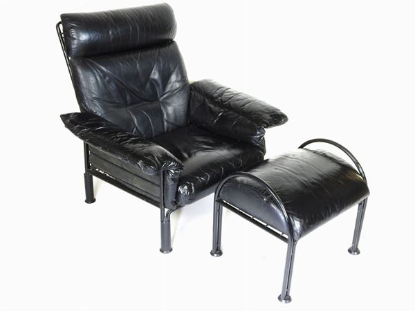 Pair of Black Leather Modern Armchairs