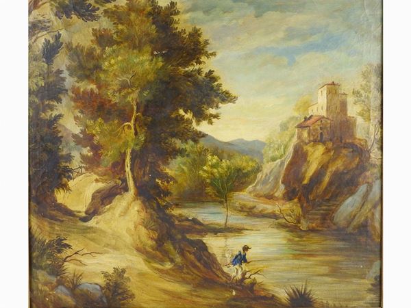 River Landcsape with Fisherman  (beginning of 20th Century)  - Auction Antique Furniture and Old Master Paintings from a house in Florence - II - Maison Bibelot - Casa d'Aste Firenze - Milano