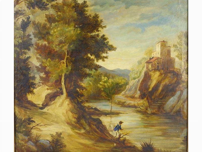 Paesaggio Fluviale con Pescatore