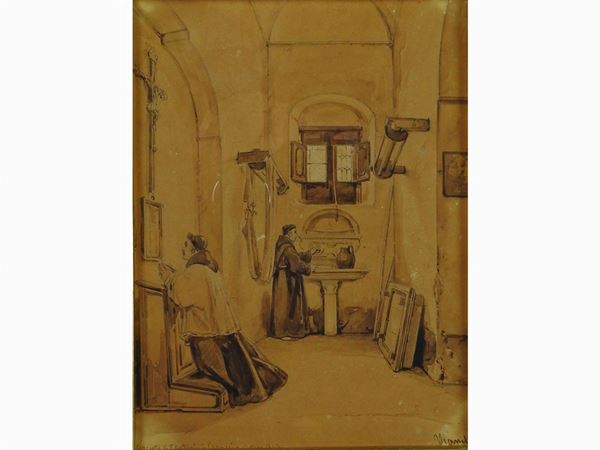 Interior Convent View with Monks  (mid of 19th Century)  - Auction Antique Furniture and Old Master Paintings from a house in Florence - II - Maison Bibelot - Casa d'Aste Firenze - Milano