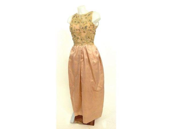 Pink shantung and lace evening dress