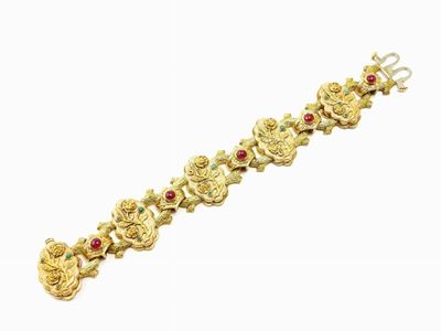 Bracciale in Oro Giallo e Rosa, Rubini e Turchesi