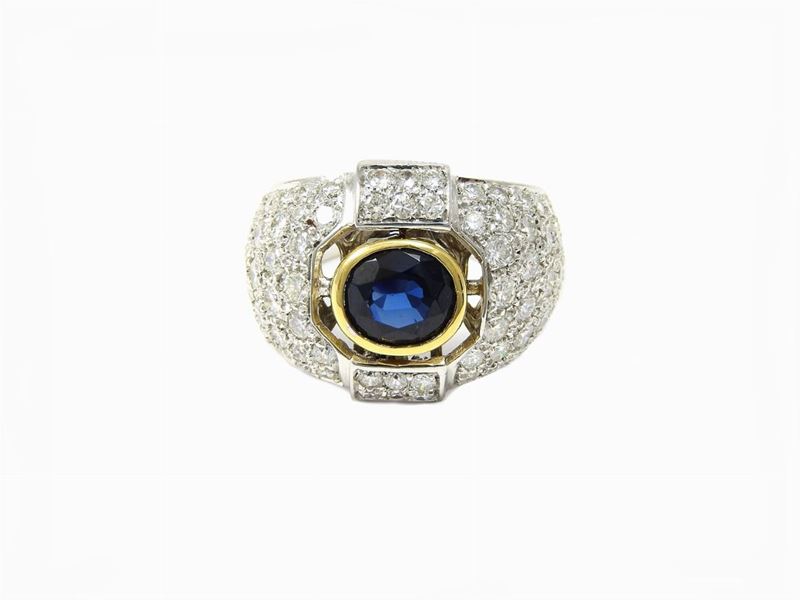 Anello in Oro Bianco, Diamanti e Zaffiro