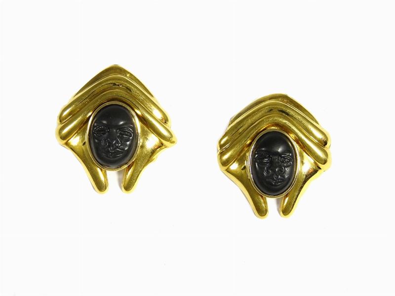 Paio di Orecchini in Oro Giallo e Onice