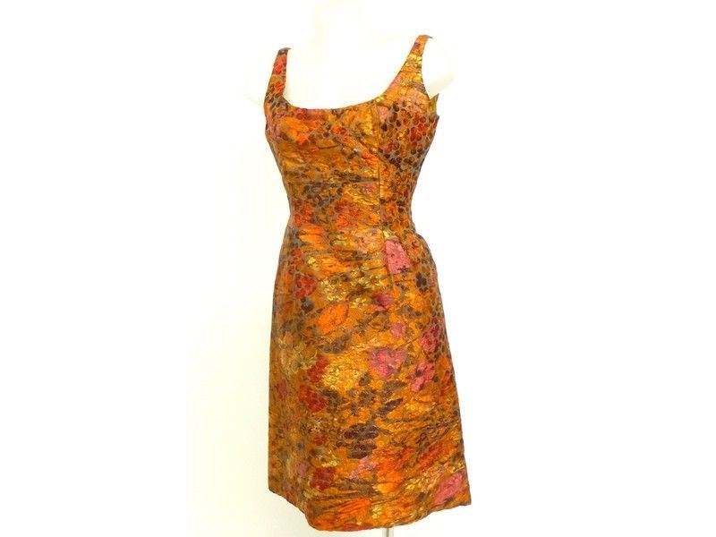 Abito da Cocktail in Seta Multicolor nei Toni Dell'arancio e del Rosso