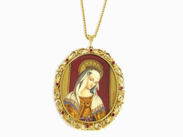 Signed miniature on ivory, yellow gold frame with rubies and chain