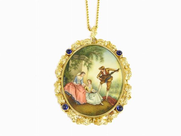 Signed miniature on ivory, yellow gold frame with synthetic sapphires and chain