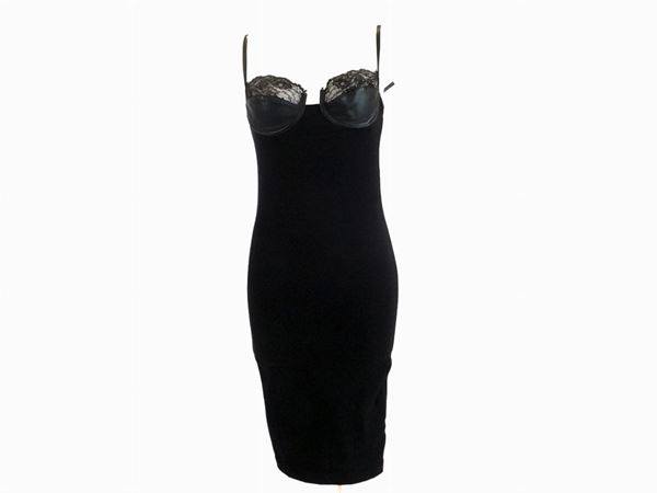 Black jersey, lace and eco leather bustier dress