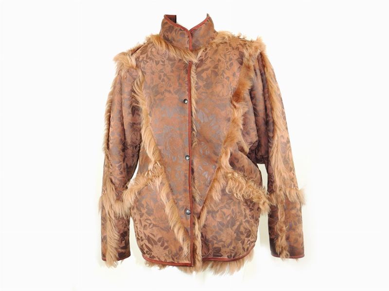 Giaccone in Pelle Marrone Stampata a Fiori