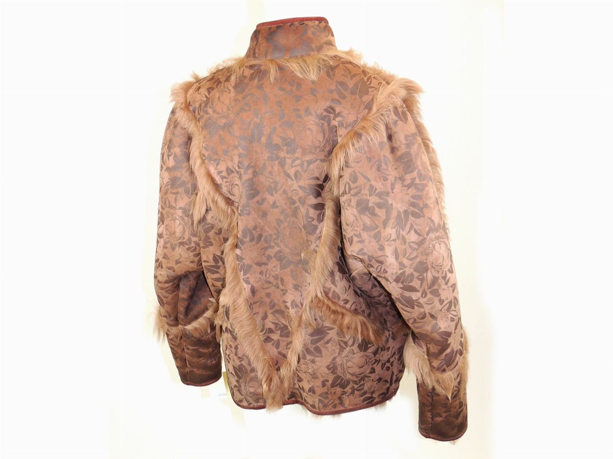Giaccone in Pelle Marrone Stampata a Fiori