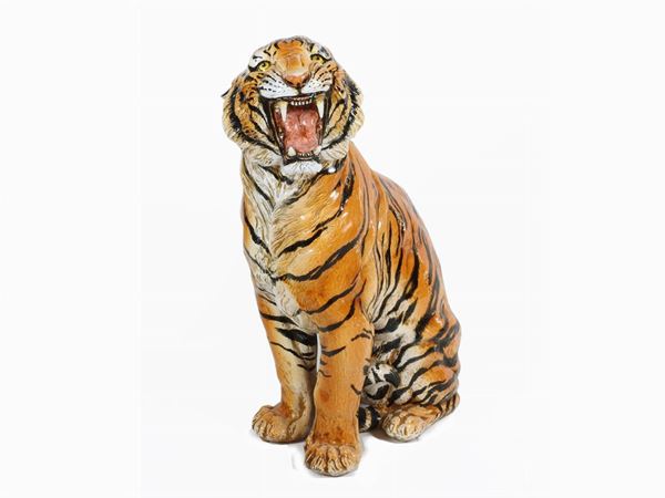 Painted Ceramic Sculpture of a Tiger