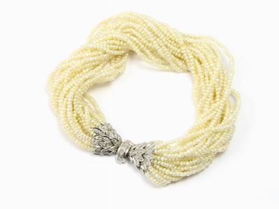 Bracciale a Torchon in Oro Bianco, Diamanti e Perle