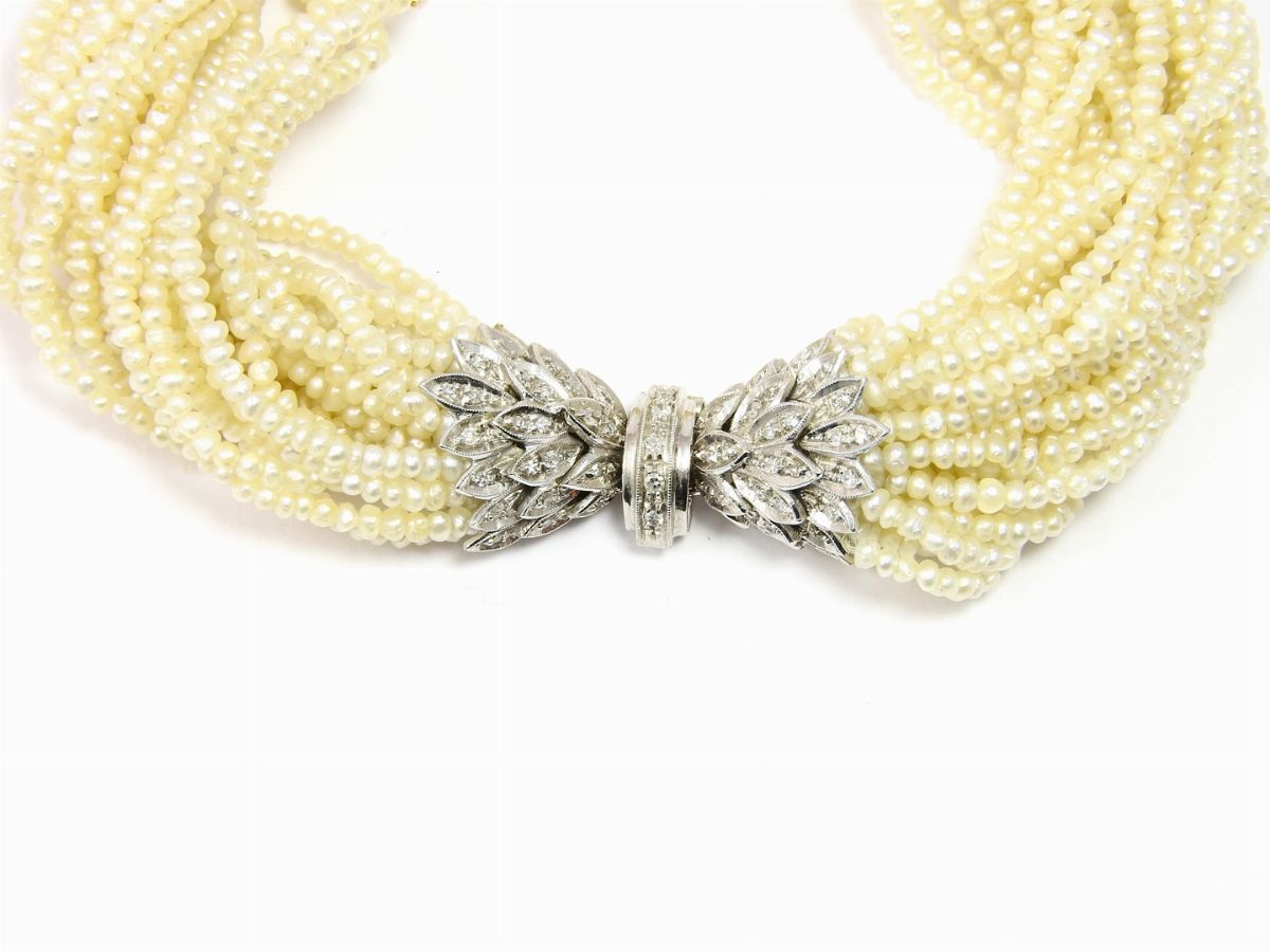 Bracciale a Torchon in Oro Bianco, Diamanti e Perle