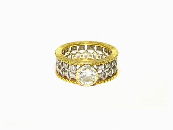 Yellow and white gold Florentine style wrought band ring with diamonds