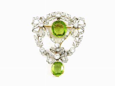 Spilla-pendente in Oro Bianco, Giallo, Diamanti e Peridoti