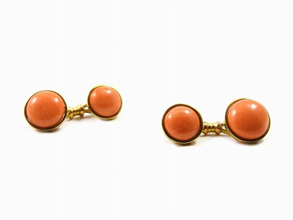 Yellow gold and orange coral cuff-links