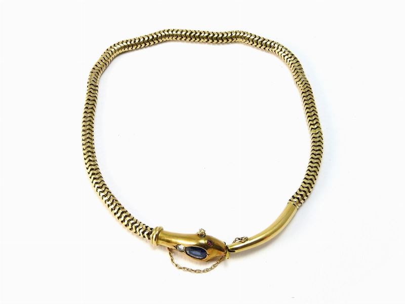 Bracciale Animalier a Doppio Giro in Oro Giallo 14 Kt con Diamante e Zaffiro