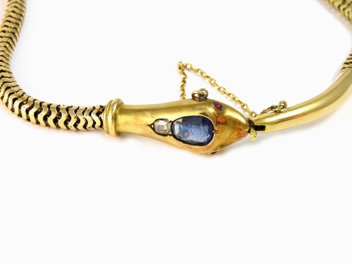 Bracciale Animalier a Doppio Giro in Oro Giallo 14 Kt con Diamante e Zaffiro