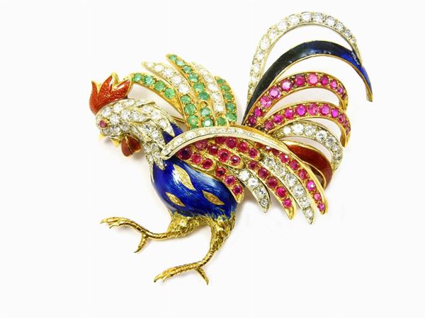 Yellow gold and multicoloured enamels cock shaped brooch set with diamonds, rubies and emeralds