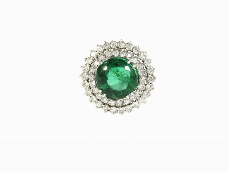 Anello a Margherita in Oro Bianco, Diamanti e Smeraldo