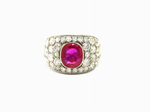 White gold band ring with diamonds and cushion cut Burmese unheated ruby
