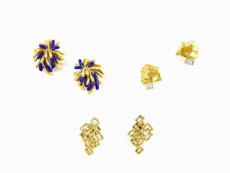 Tre Paia di Orecchini in Oro Giallo e Bianco, Smalto e Diamanti